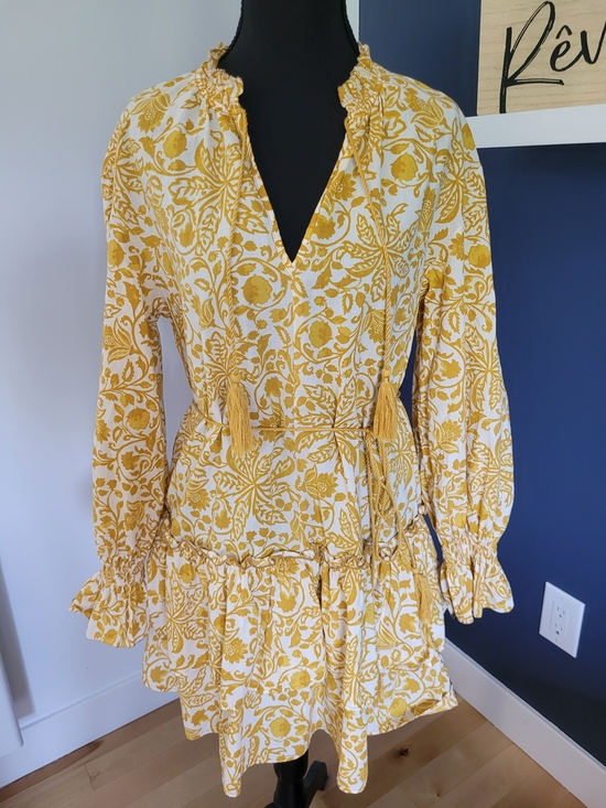 H&M Dresses & Skirts - H&M 100% Cotton Top/Dress Yellow/White Floral Tie-Waist Long Sleeve XS -Like New